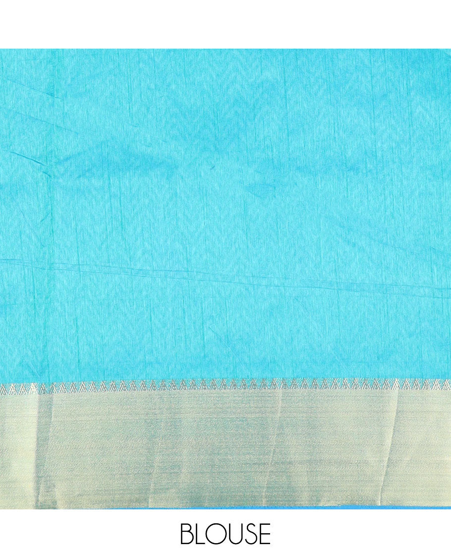 Navy blue butta enclosed checked semi-banaras patola silk saree, contrast temple zari border of ikkat design, and pallu steeped with geometric patterns
