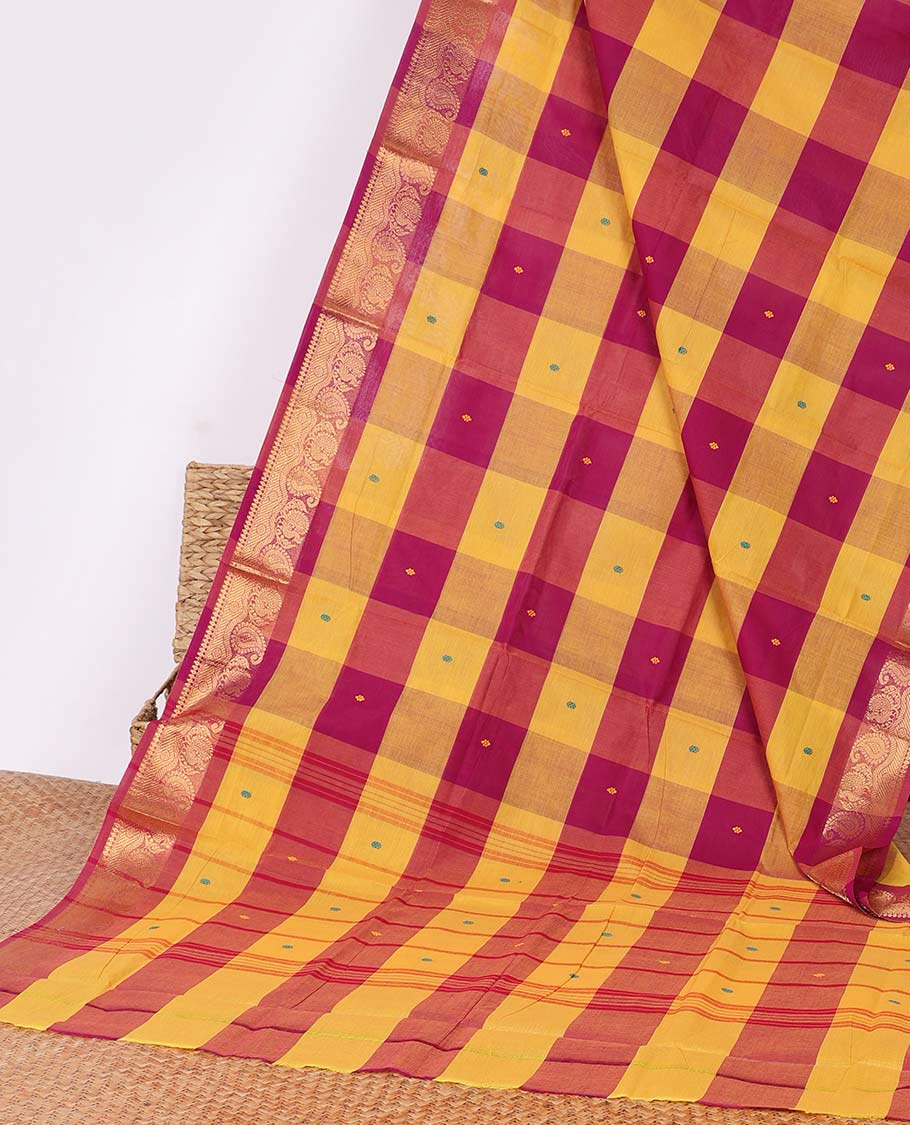 Yellow-Maroon butta enclosed checked Chettinad cotton saree, traditional zari design border & striped pallu