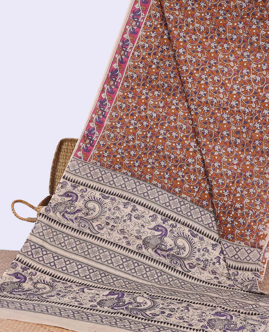 Brown floral vine design machine-printed kalamkari cotton saree with contrast border & peacock, geometric design pallu