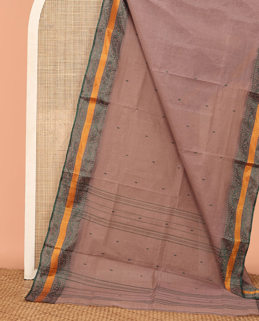 Brown Bengal Cotton Saree, Delicately Woven with Thread Buttas, a Floral Creeper Thread Border, Self-Pallu, and No Blouse
