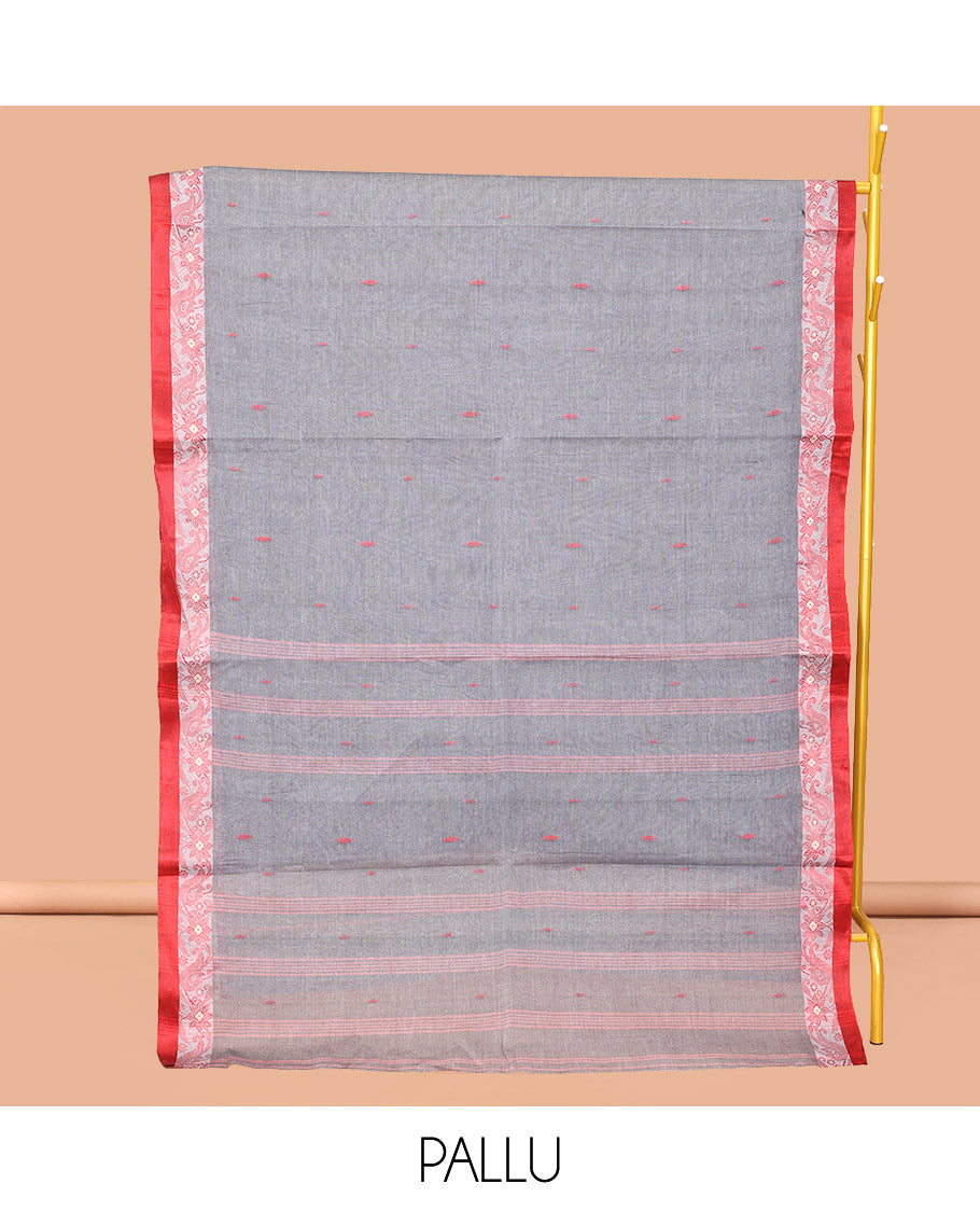 Grey Bengal Cotton Saree, Steeped with Buttas, a Contrast Floral Border, Pallu of Stripes and Buttas, and a Matching Blouse