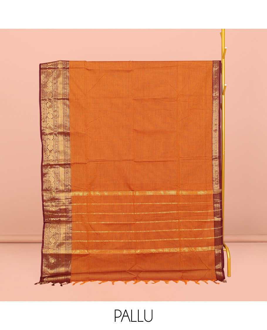 Orange Chettinad Cotton Saree, Woven with Checks, Complemented by Contrast Traditional Zari Border, Striped Pallu, and a Matching Blouse