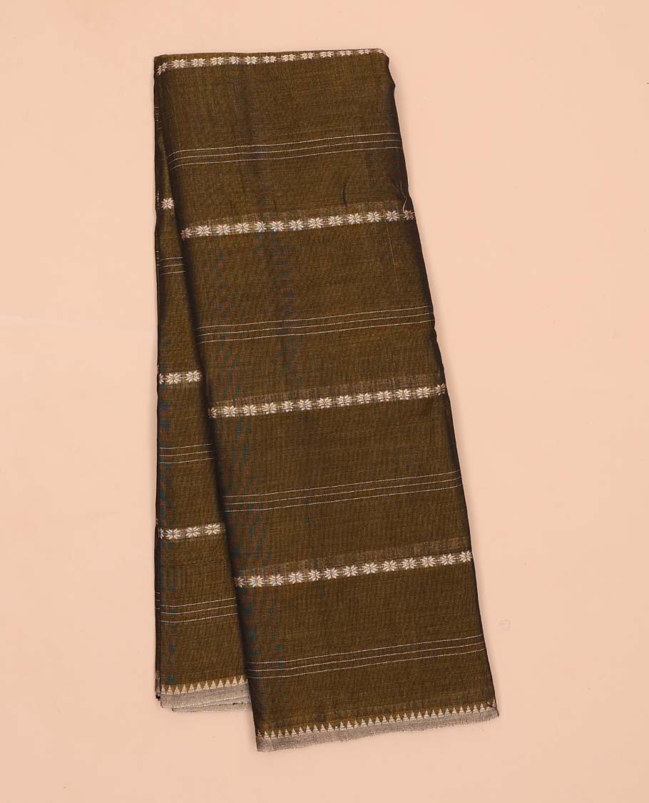 Borderless green striped Narayanapet cotton saree, striped pallu