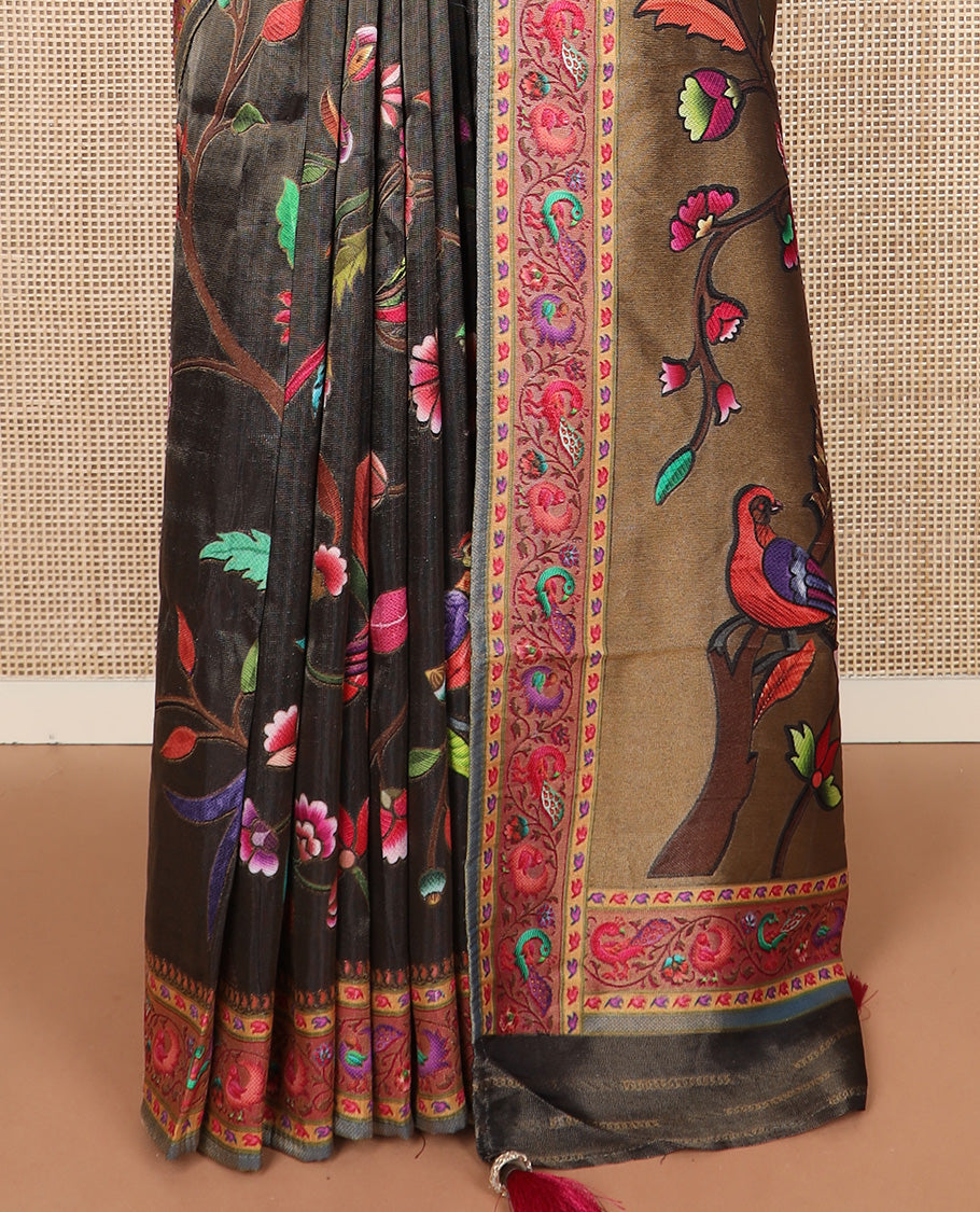 Black grey color floral vine printed dola silk saree, contrast floral and bird printed border, and pallu