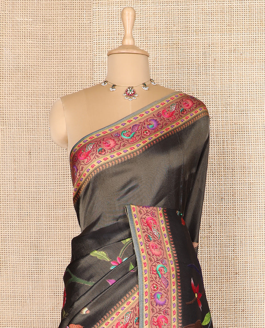 Black grey color floral vine printed dola silk saree, contrast floral and bird printed border, and pallu