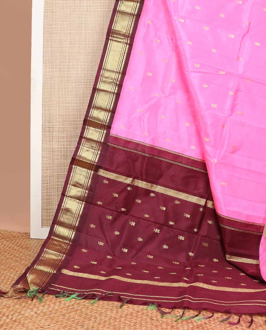 Pink buttas kancheepuram silk saree with contrast korvai border of rekku, banaras, checked design & zari design pallu
