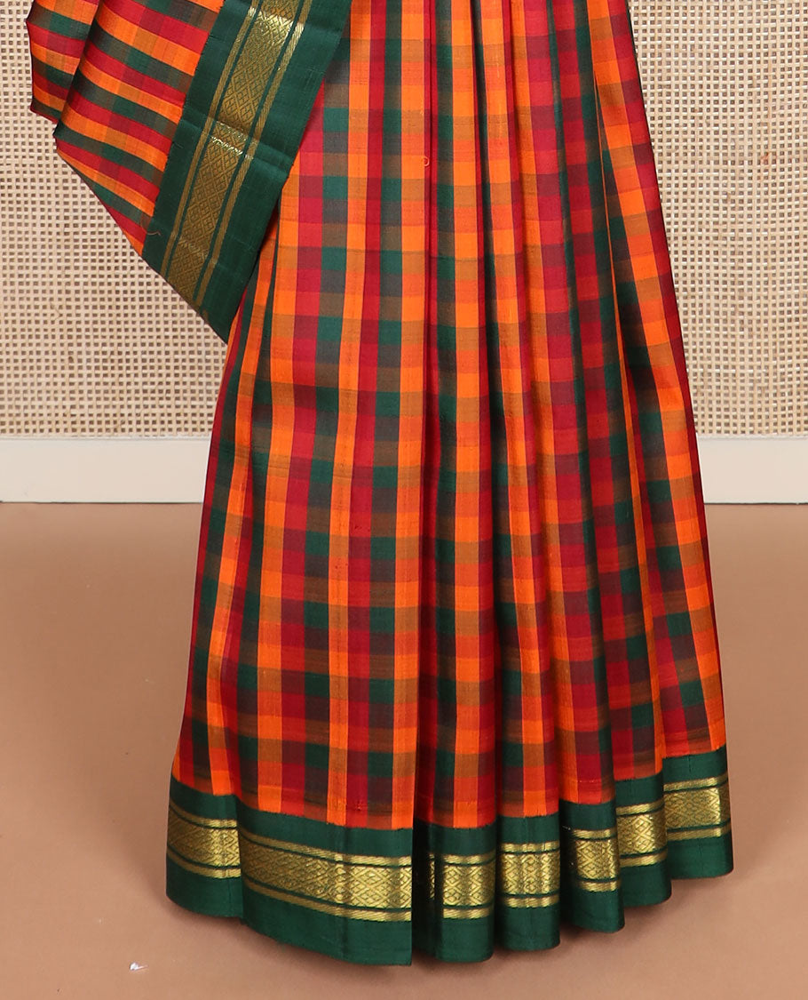 Multi-color checked kanchipuram silksaree, contrast one-sided korvai border of banaras & jaal & zari design pallu