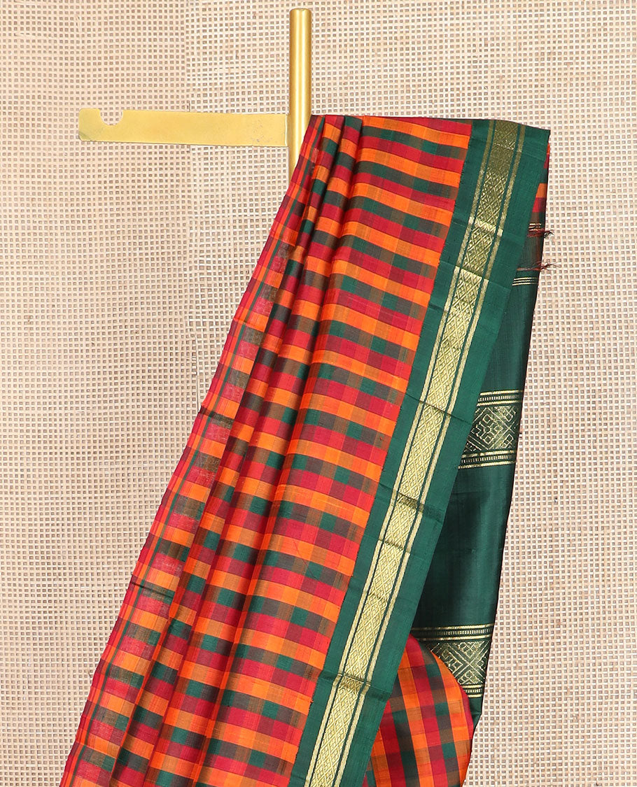 Multi-color checked kanchipuram silksaree, contrast one-sided korvai border of banaras & jaal & zari design pallu