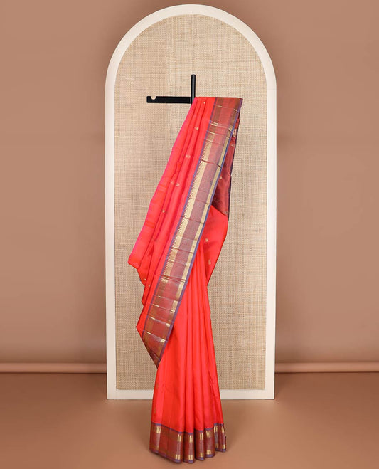Red zari buttas kanchipuram silk saree, contrast one-sided border of rekku,muthu & mayil kann & zari design pallu