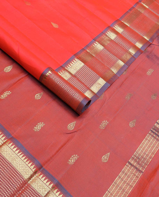 Red zari buttas kanchipuram silk saree, contrast one-sided border of rekku,muthu & mayil kann & zari design pallu
