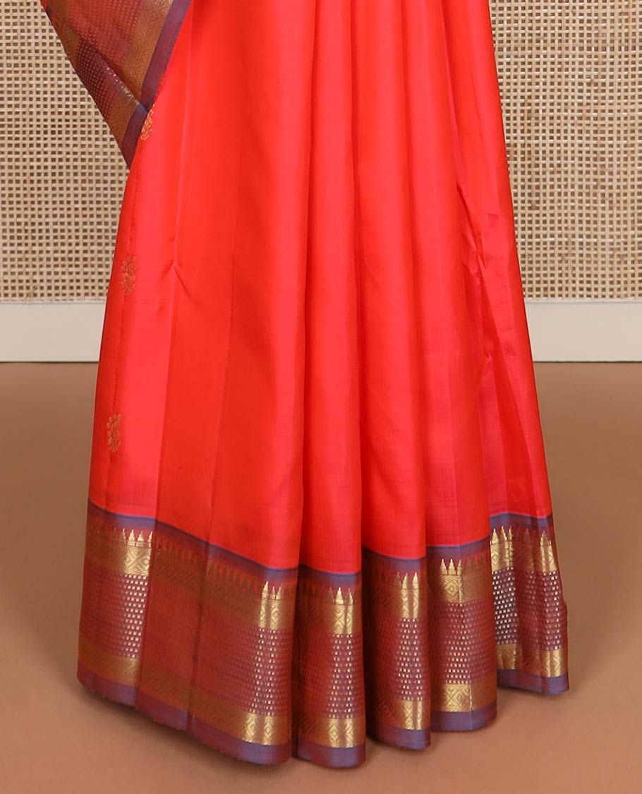Red zari buttas kanchipuram silk saree, contrast one-sided border of rekku,muthu & mayil kann & zari design pallu