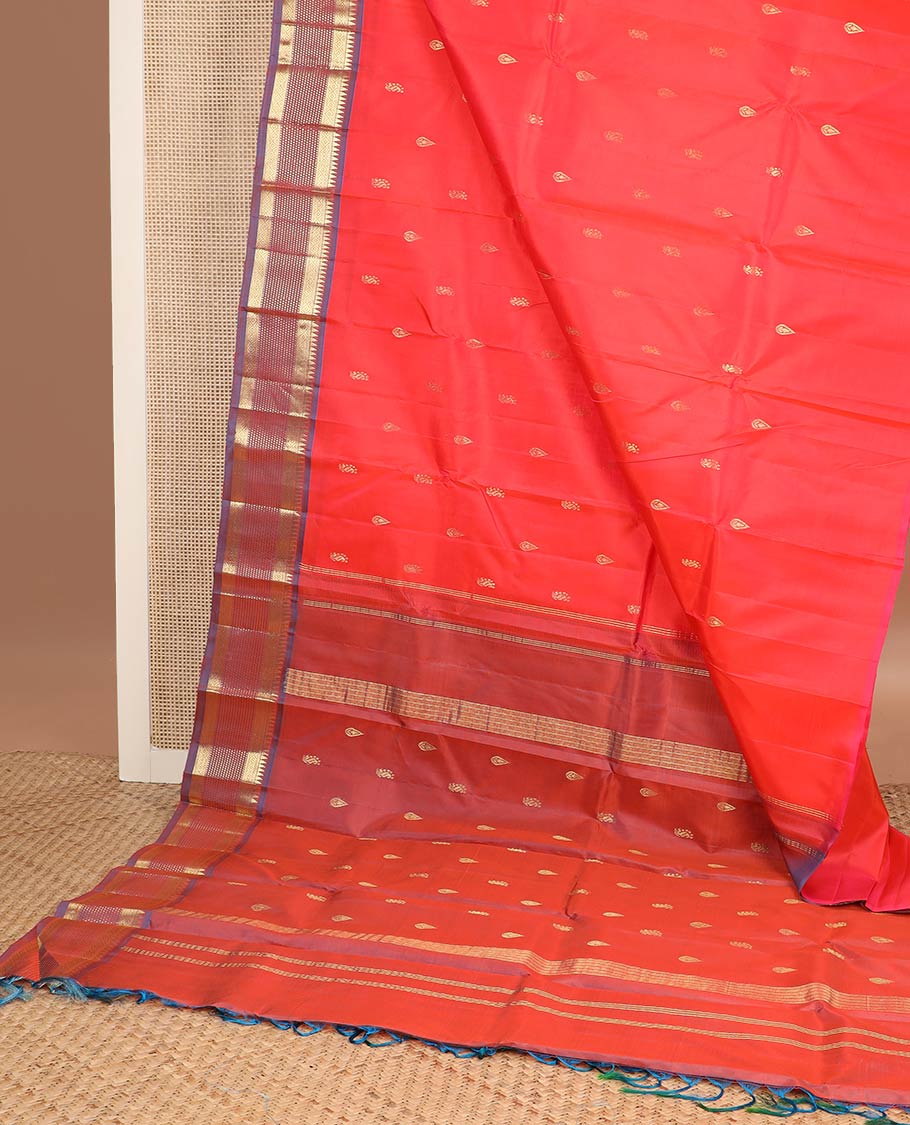 Red zari buttas kanchipuram silk saree, contrast one-sided border of rekku,muthu & mayil kann & zari design pallu