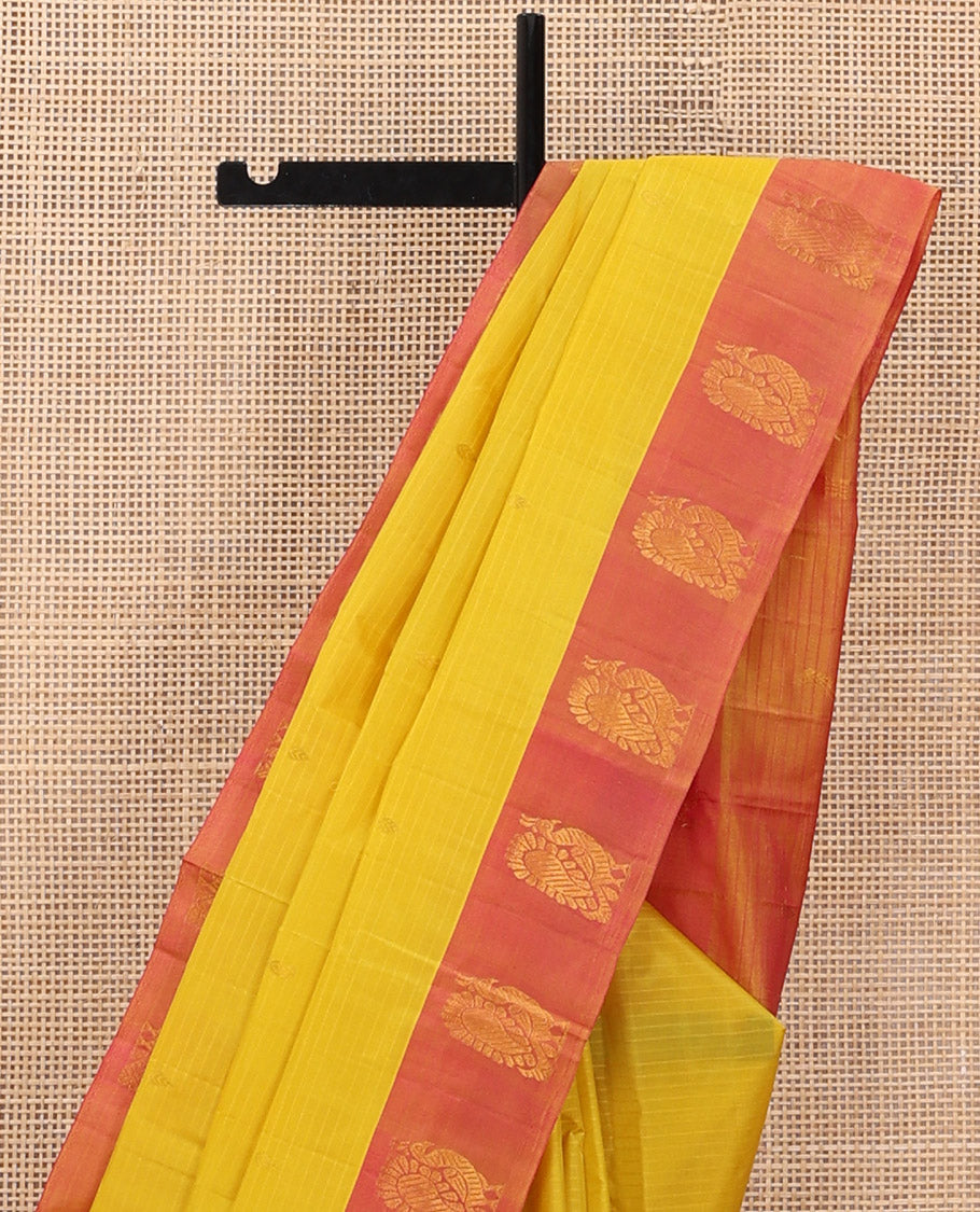 Yellow Vazhaipoo Stripes Kanchipuram Silk Saree, Complemented by a Contrast Border of Mayil Designs, Sparsely Zari Woven Pallu, and Paired with a Contrast Blouse