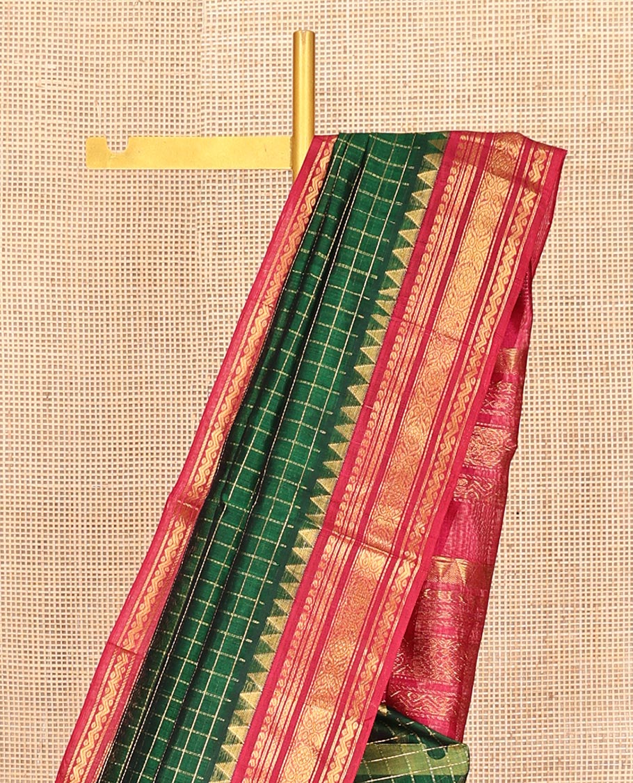 Green Zari Checked Kuppadam Silk Saree, a Contrast Traditional Zari Temple Border, Grand Pallu, a Contrast Blouse