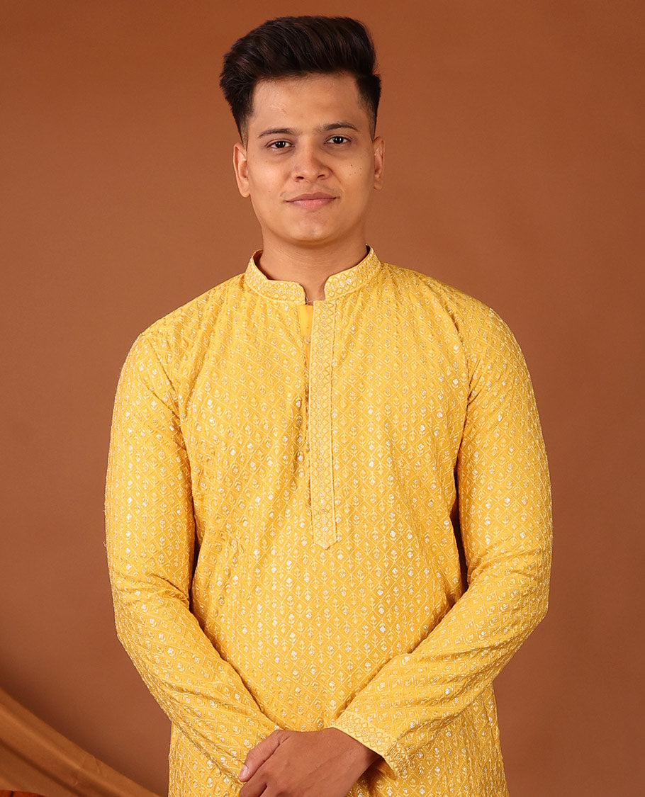 Yellow Jaal-Pattern Embroidered Full-Sleeved Men's Kurta With Pant