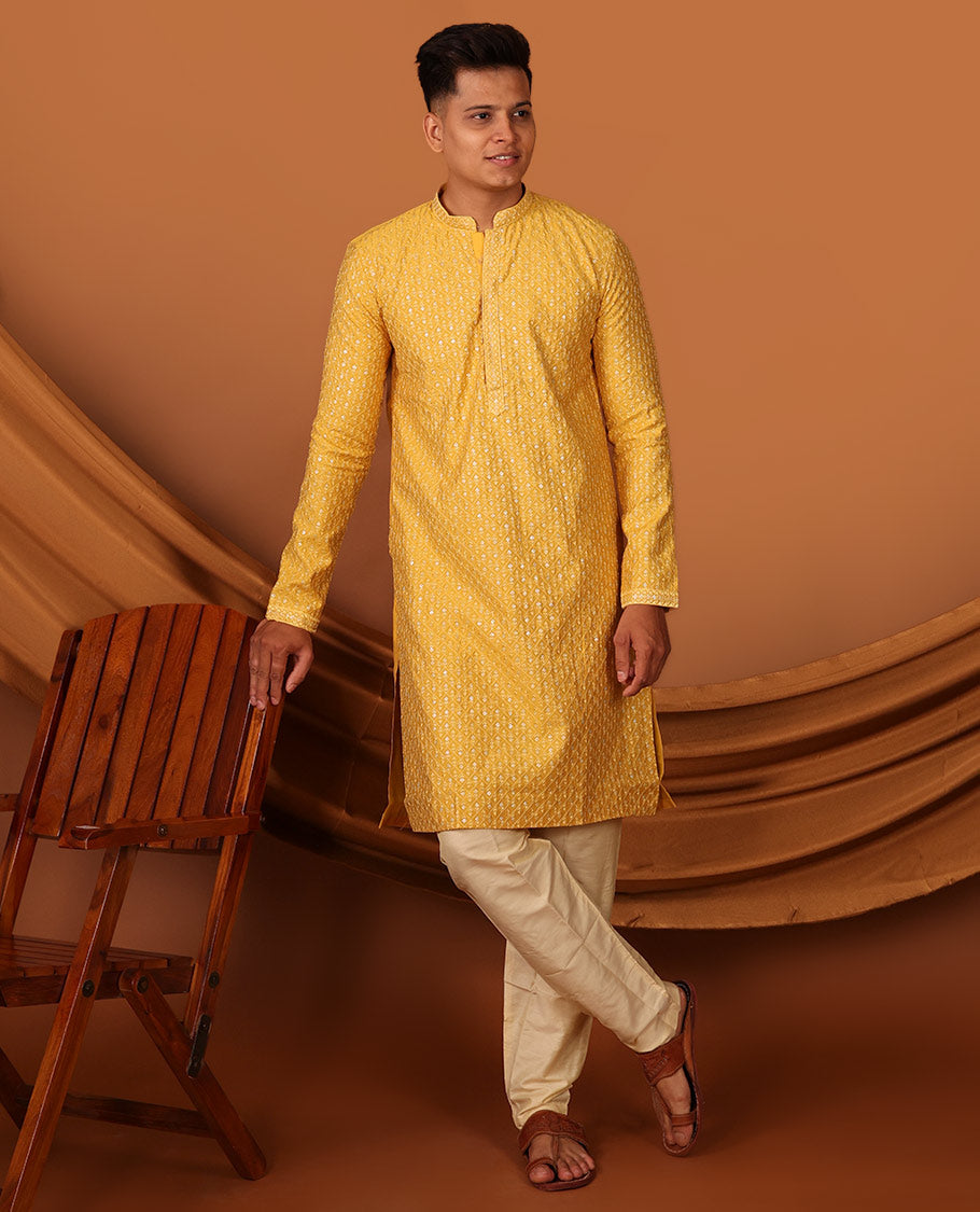 Yellow Jaal-Pattern Embroidered Full-Sleeved Men's Kurta With Pant