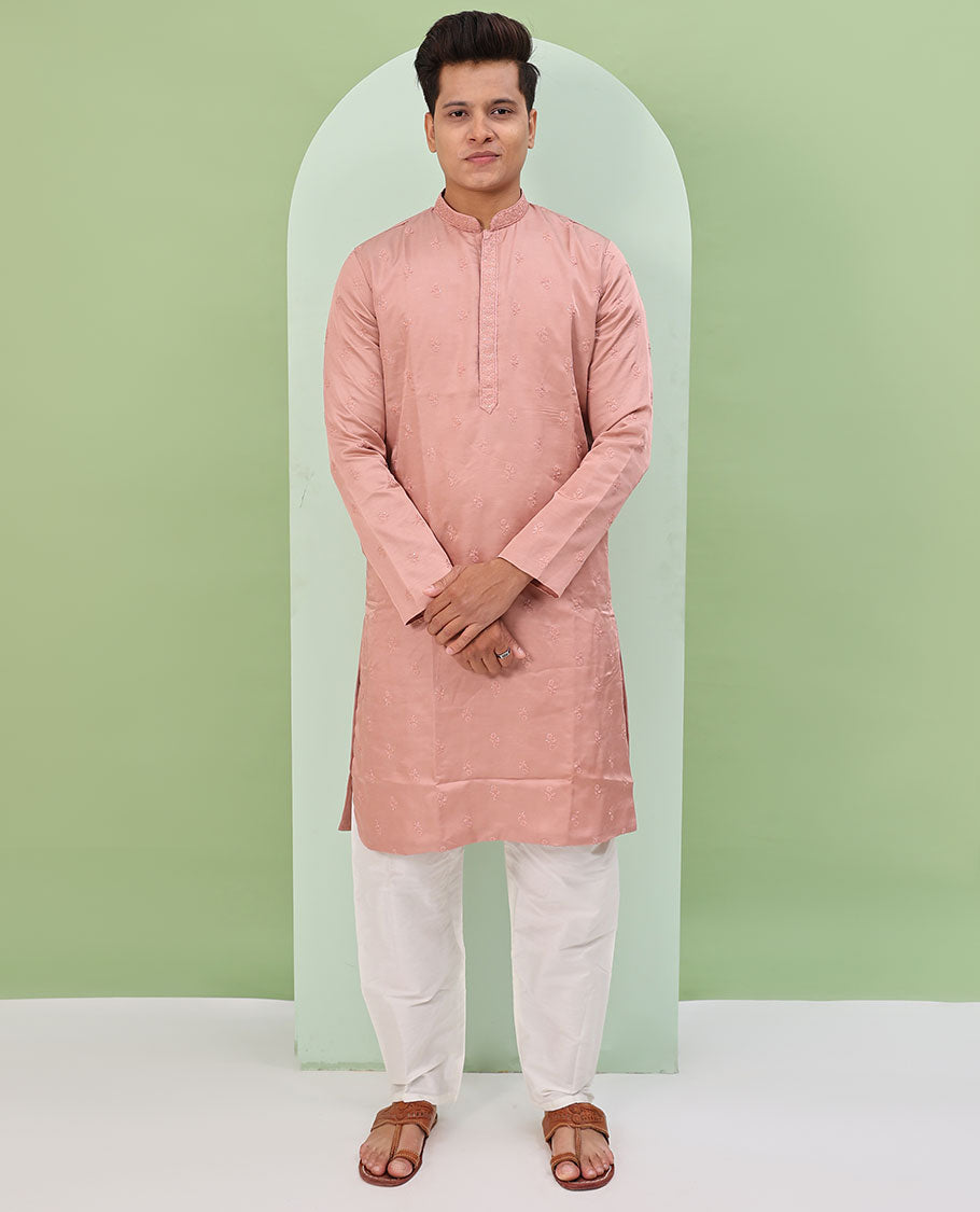 Pink floral buttas embossed thread embroidered full-sleeved readymade kurta