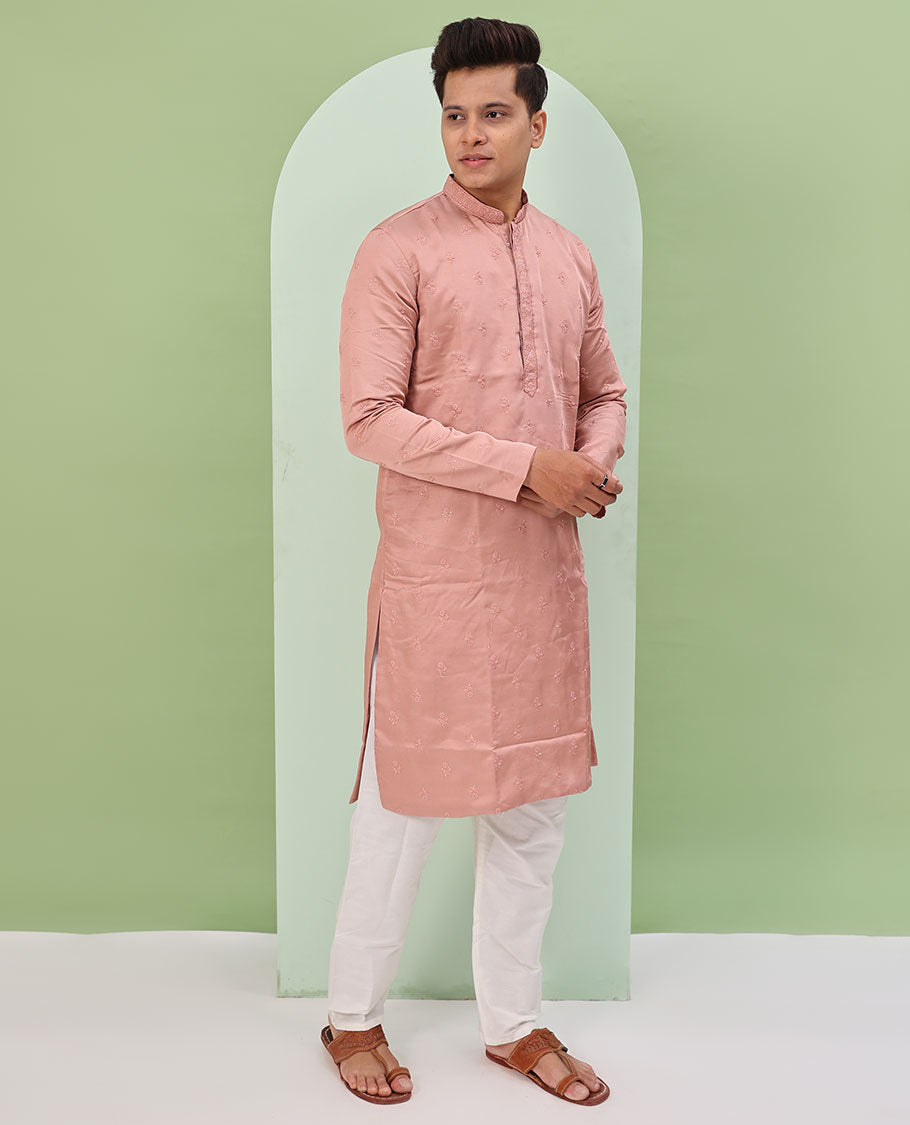 Pink floral buttas embossed thread embroidered full-sleeved readymade kurta