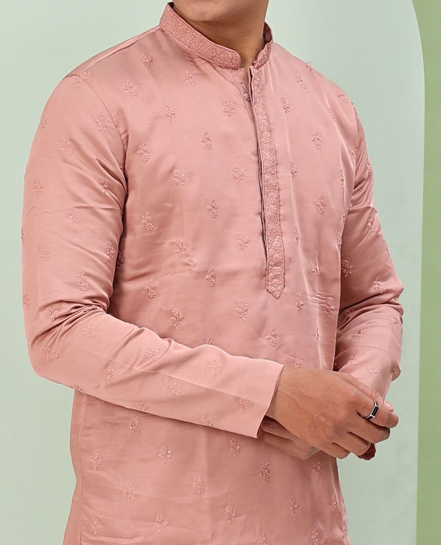 Pink floral buttas embossed thread embroidered full-sleeved readymade kurta