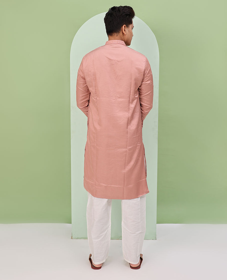 Pink floral buttas embossed thread embroidered full-sleeved readymade kurta