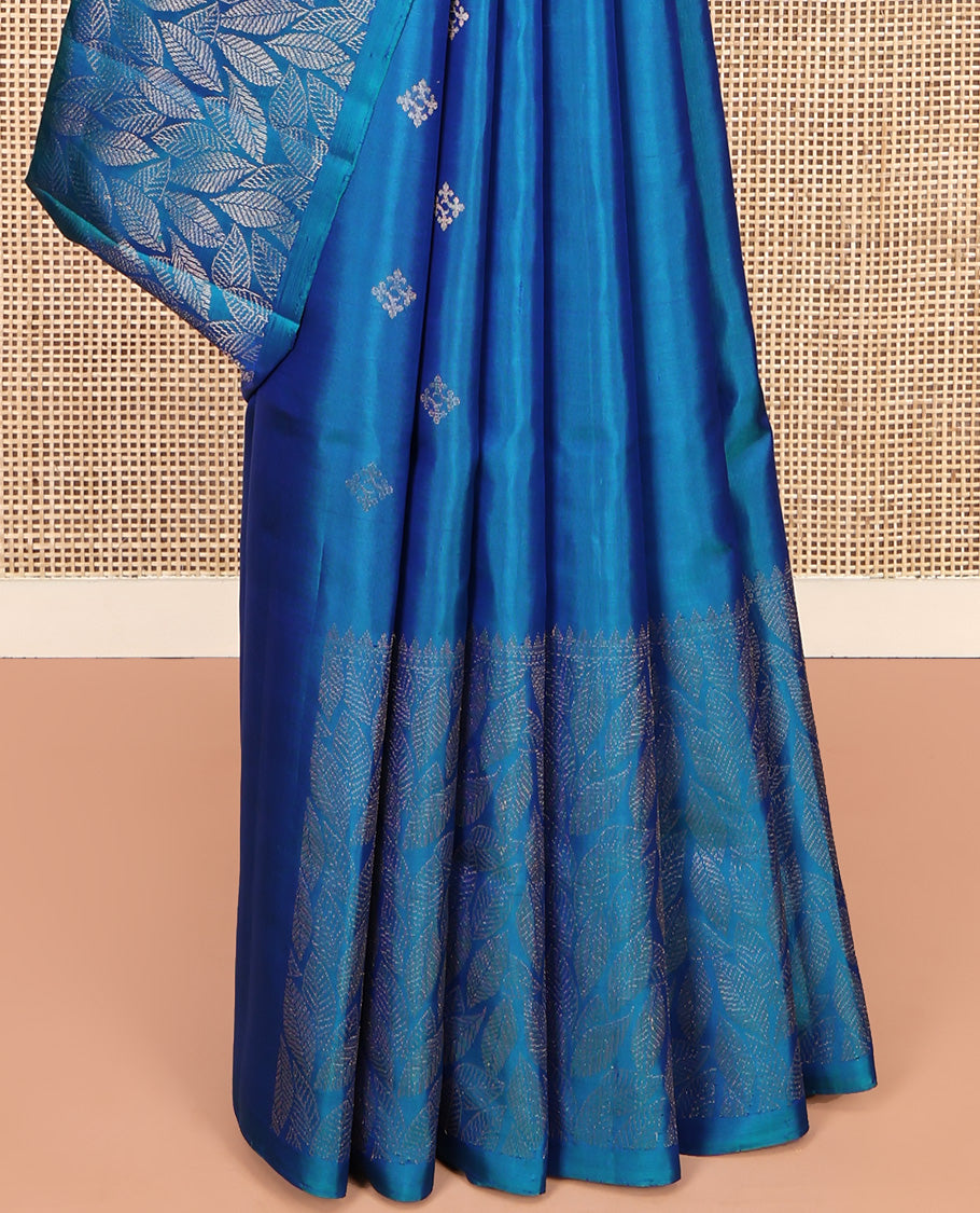 Blue Mayuri Soft Silk Saree, Subtly Sparkled With Zari Buttas All Over Its Body, Highlighted and Leaf Motifs Woven Border, Grand Pallu and Paired with a Matching Blouse