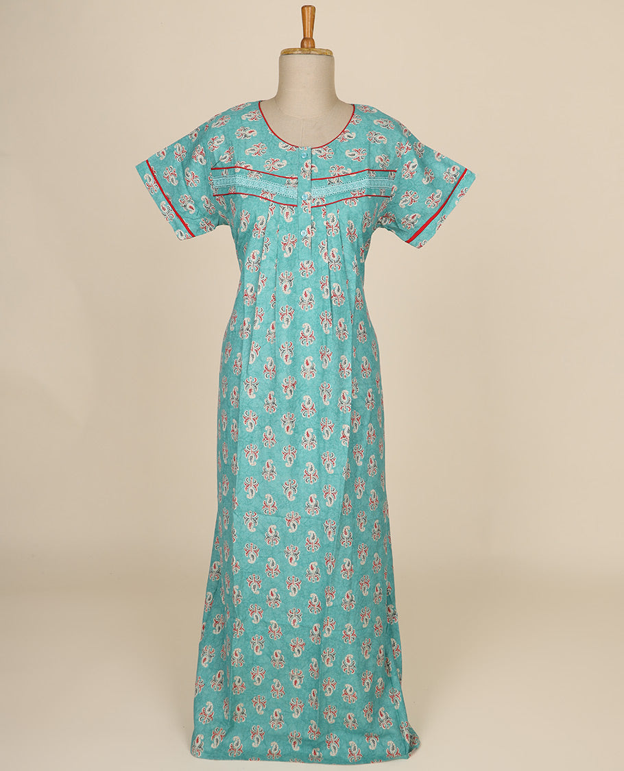 Sea green floral printed & round neck cotton half-sleeve nighty
