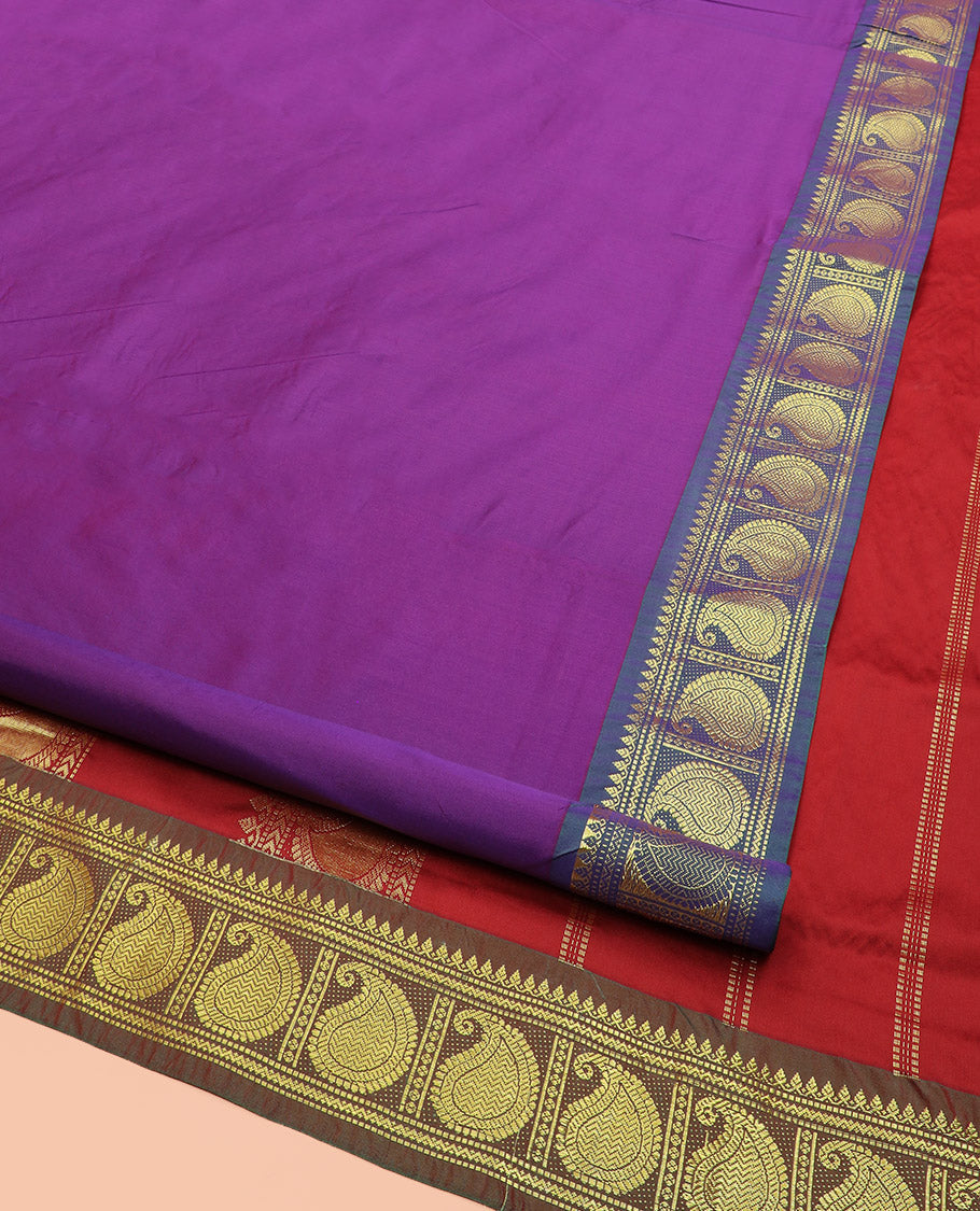 Purple Plain Ten-Yard Art Silk Saree, Complemented by a Contrast Traditional Zari Border of Paisley Designs, and Pallu Adorned with Traditional Zari Designs