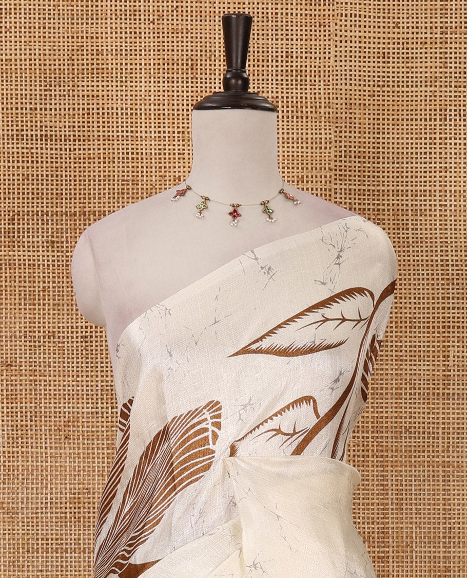 Borderless cream-mustard batik-style floral printed khadi cotton saree, printed pallu & printed blouse