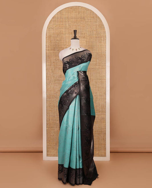 Sea blue zari checked & floral buttas kanchi silk saree,contrast satin border of floral zari motifs,intrictae pallu & contrast plain blouse