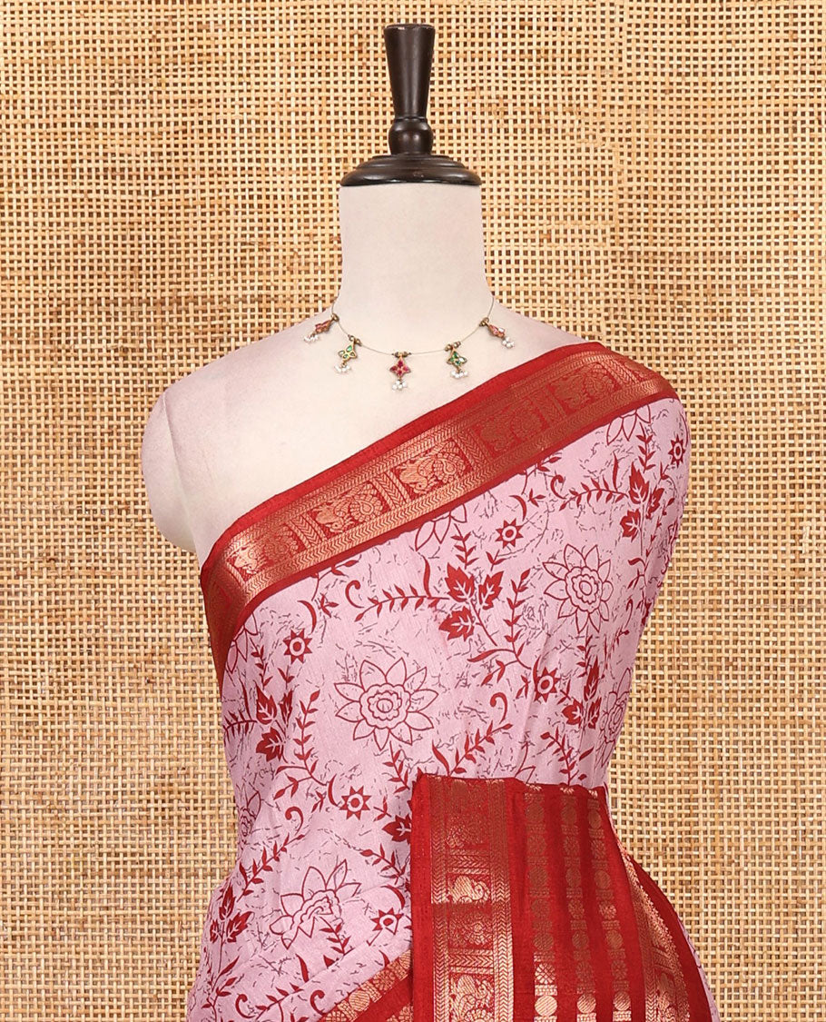 Red floral printed dola silk saree, contrast traditional zari rettai pettu border, pallu of paisley-floral print & contrast blouse of print & zari border