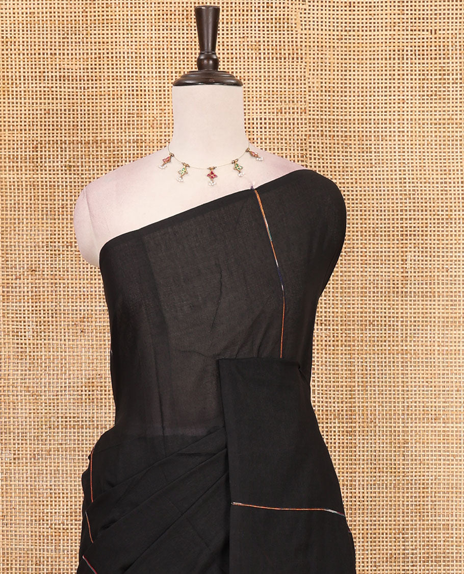 Borderless Black vertical multi-color thread striped khadi jute linen saree, striped pallu & matching plain blouse