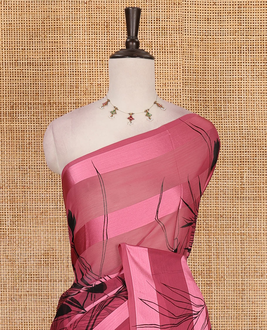 Borderless pink thick satin striped and feather like floral motifs printed satin crepe saree, floral vine printed blouse