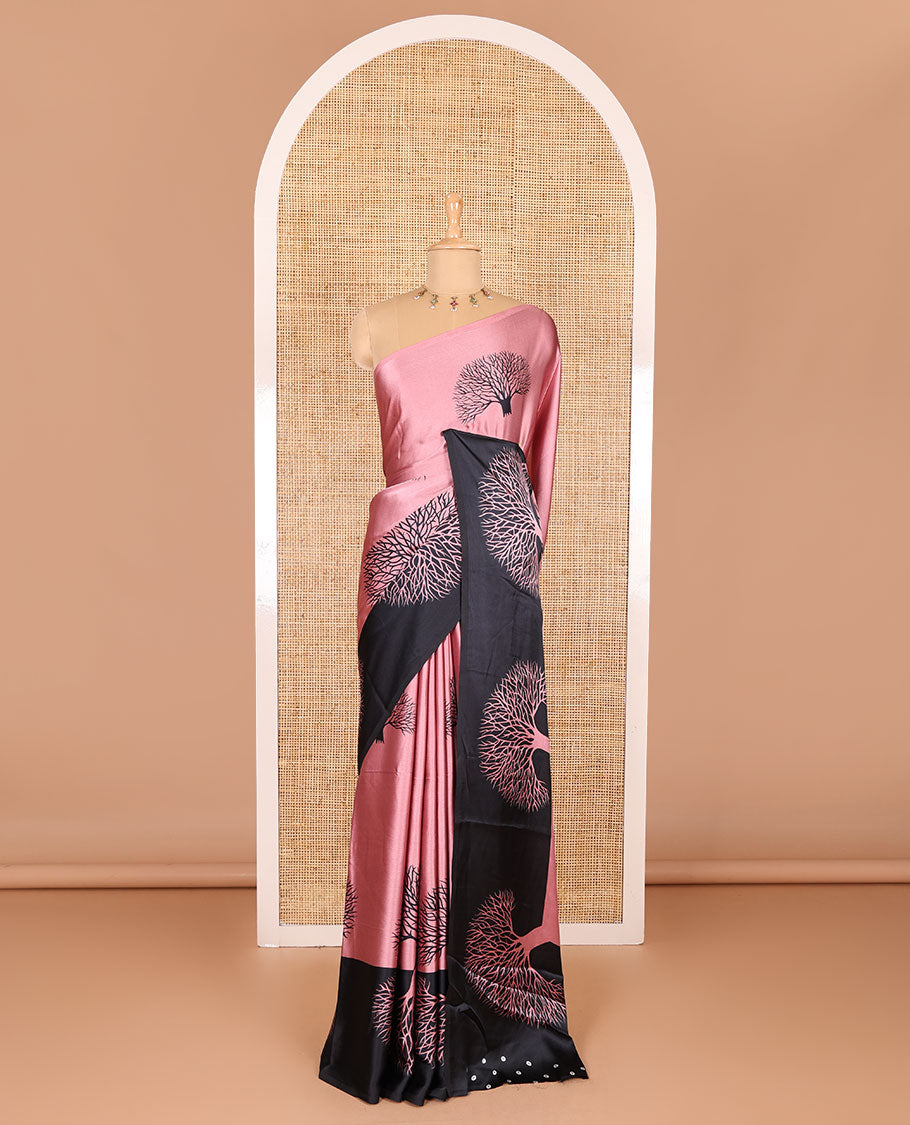 Onion pink tree motifs digitally printed Gajji silk saree with contrast printed border of upside down tree motifs, and contrast printed blouse