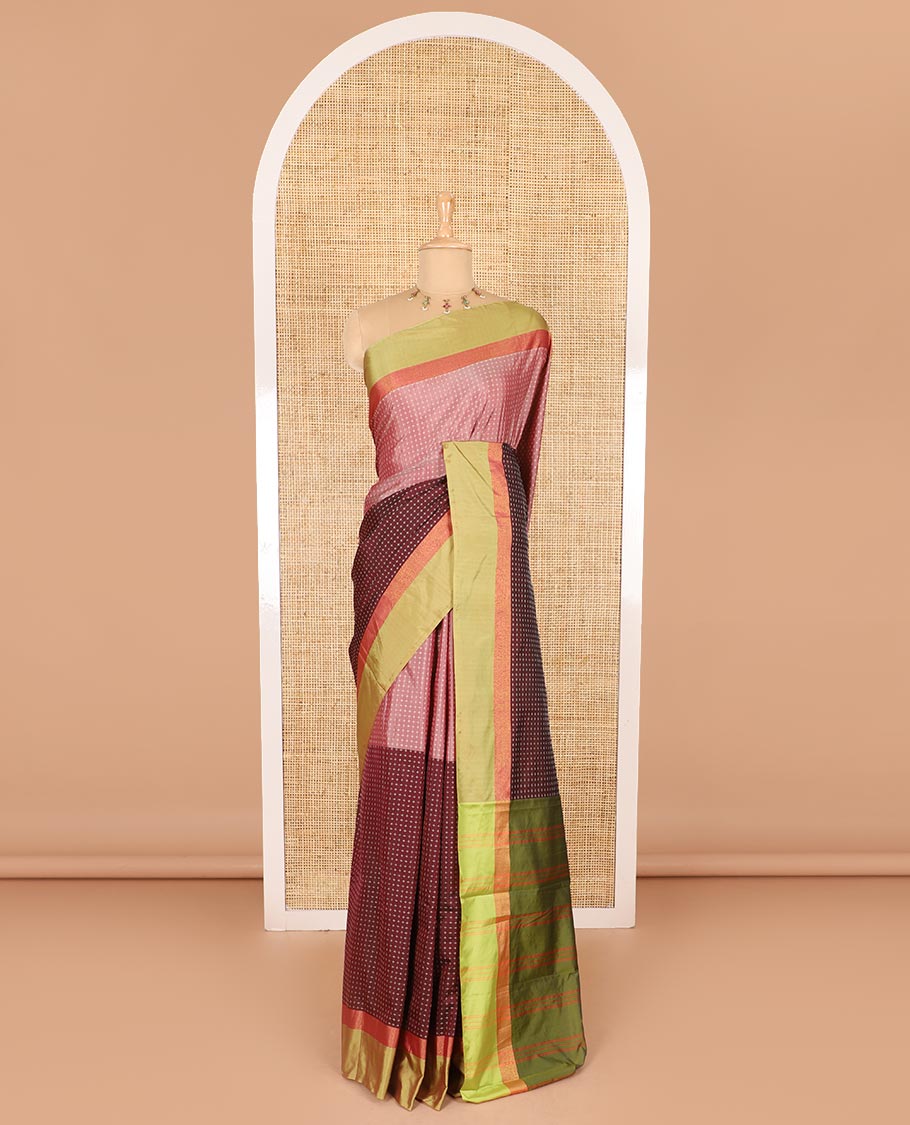 Maroon-onion pink half-and-half plus-shaped buttas woven semi-soft silk saree with contrast satin border, striped pallu, and a contrast plain blouse