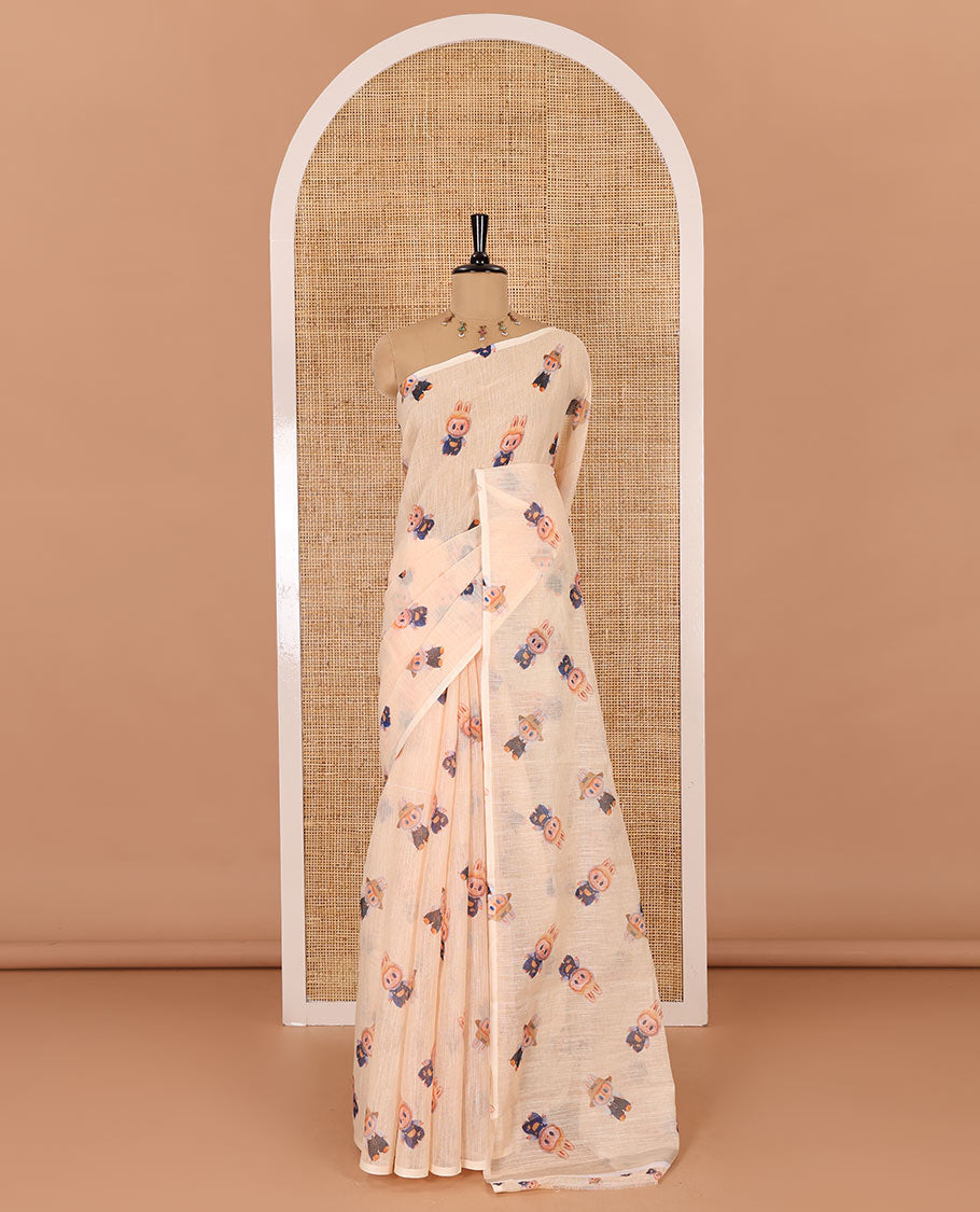 Borderless light orange labubu toy motifs printed linen cotton saree with a matching labubu toy s printed blouse