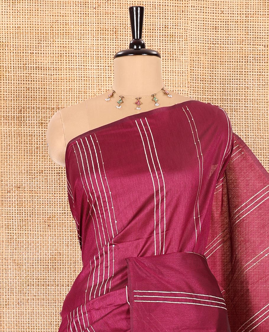 Borderless Purple Semi-Raw Silk Saree Featuring Elegant Vertical Sequin Stripes Running Across the Body, Complemented by a Contrast Thread-Work Pallu and Paired with a Contrast Blouse