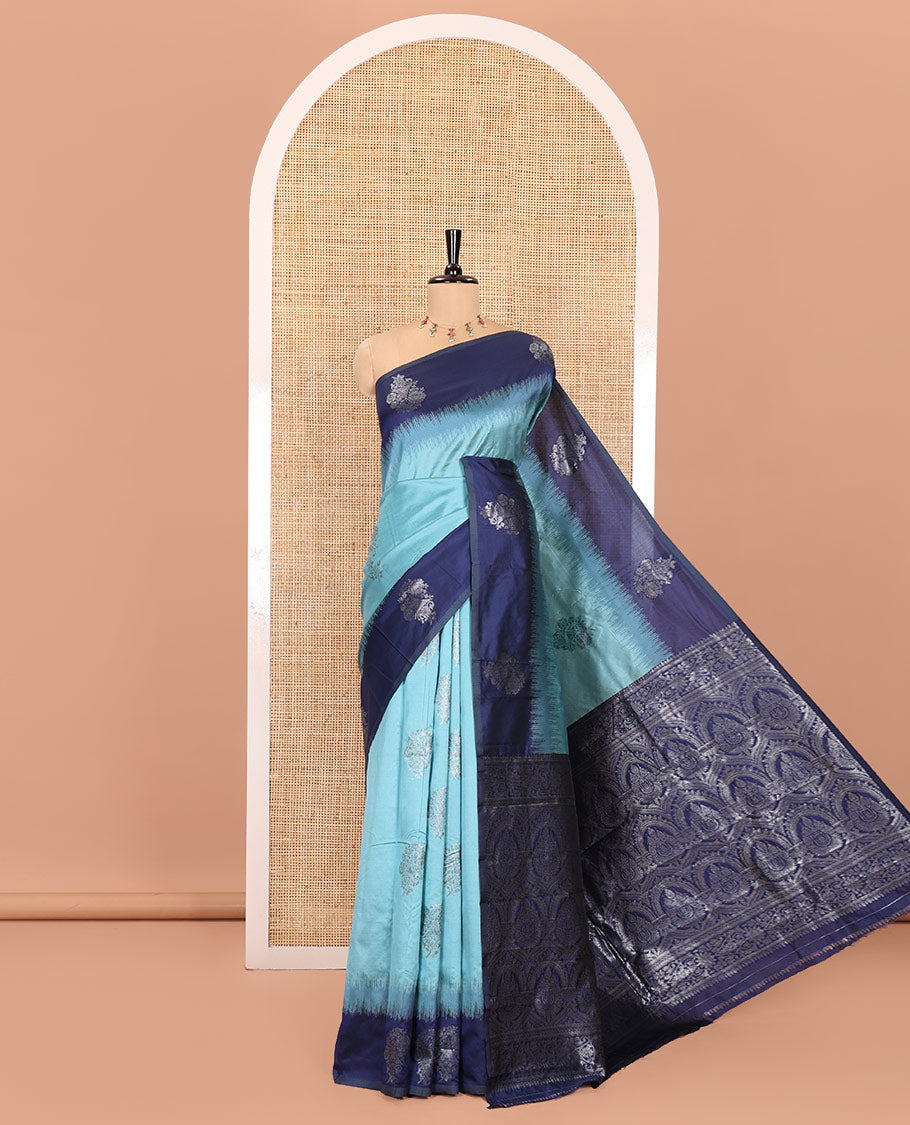 Blue Kanchi Silk Saree, Adorned with Zari Buttas All Over Its Body, Complemented by a Contrast Border of Unique Buttas, Pallu Grandly Woven with Intricate Designs, and Paired with a Contrast Blouse