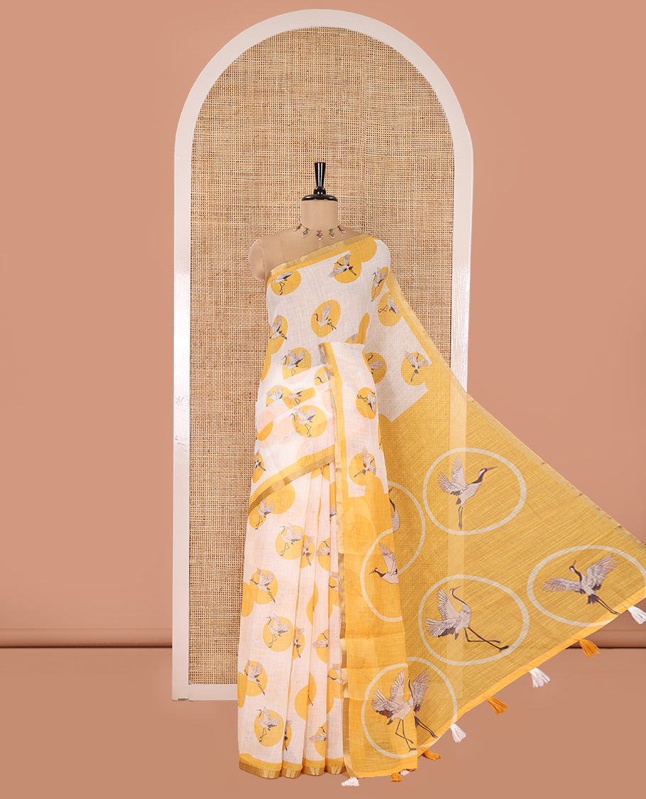 White-Yellow Linen Cotton Saree, Steeped with Polka Dot Enclosed Crane Motifs on Its Body, Subtle Piping Border, Pallu Pictures Polka Dot Enclosed Crane Motifs, and Paired with a Matching Blouse