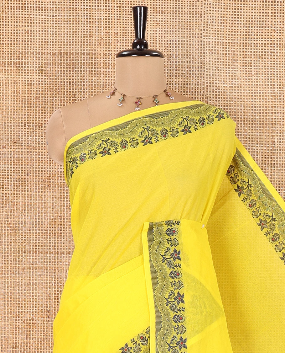 Yellow Plain Chettinad Cotton Saree, Subtle Self-Border of Floral Thread Design Weave, Subtly Striped Pallu, and Paired with a Matching Blouse