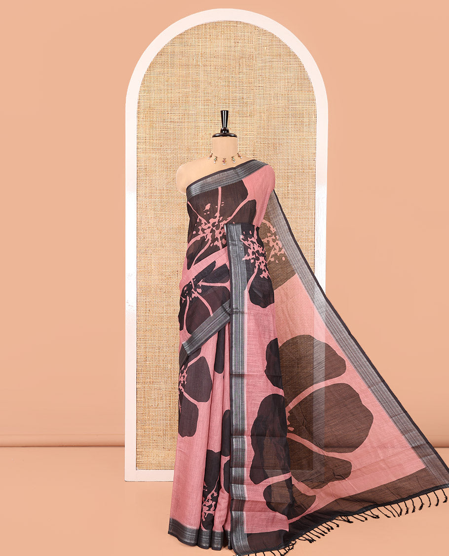 Pink Linen Cotton Saree, Prettified with Big Floral Motifs Printed on Its Body, Complemented by Contrast Border, Pallu of Floral Hand Block Print, and Paired with a Matching Blouse