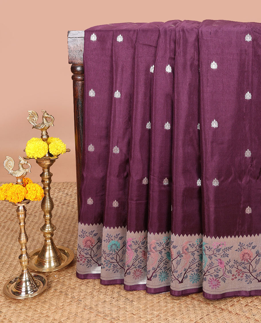 Purple color pathick style design dola silk saree with parrot design border & pathick style pallu along with contrast blouse