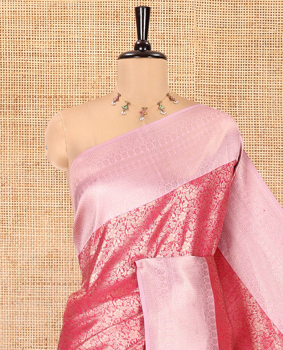 Rani Pink Kanchi Silk Saree, Beautified with Floral Jacquard Design on Its Body, Complemented by a Contrast Traditional Zari Design Border, Sparsely Woven Pallu, and Paired with a Contrast Blouse
