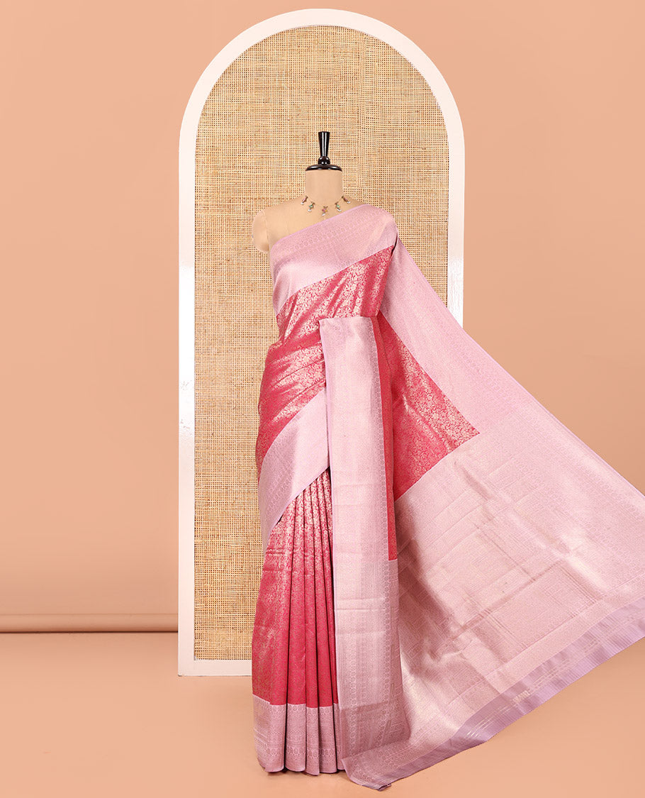 Rani Pink Kanchi Silk Saree, Beautified with Floral Jacquard Design on Its Body, Complemented by a Contrast Traditional Zari Design Border, Sparsely Woven Pallu, and Paired with a Contrast Blouse