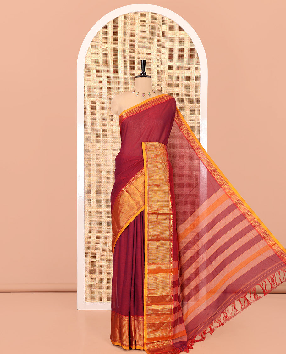 Purple Mercerised Cotton Saree, Complemented by Contrast Traditional Design Temple Border, a Subtly Striped Pallu, and Has a Matching Blouse