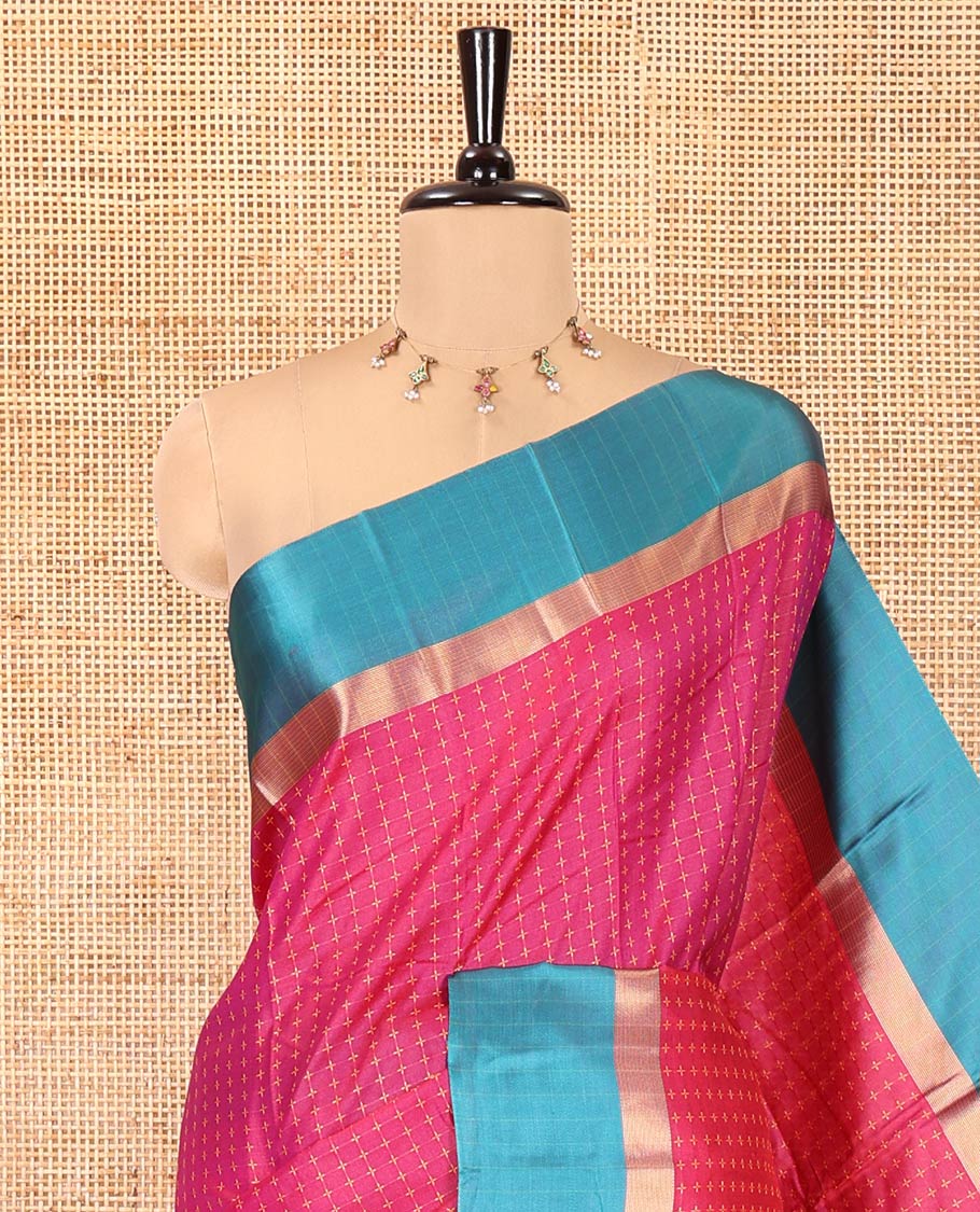 Rani Pink Art Soft Silk Saree, Steeped with Plus-Size Buttas All Over Its Body, Complemented by a Contrast Border, Subtly Striped Pallu, and Paired with a Contrast Blouse
