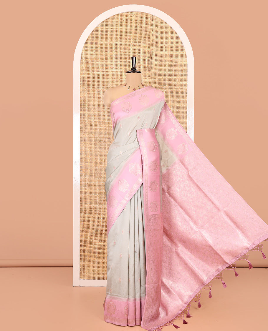 Steel Grey Elite Soft Silk Saree, Enriched with Zari Buttas, Contrast Intricate Motifs Woven Border, Intricate Pallu, and a Contrast Blouse