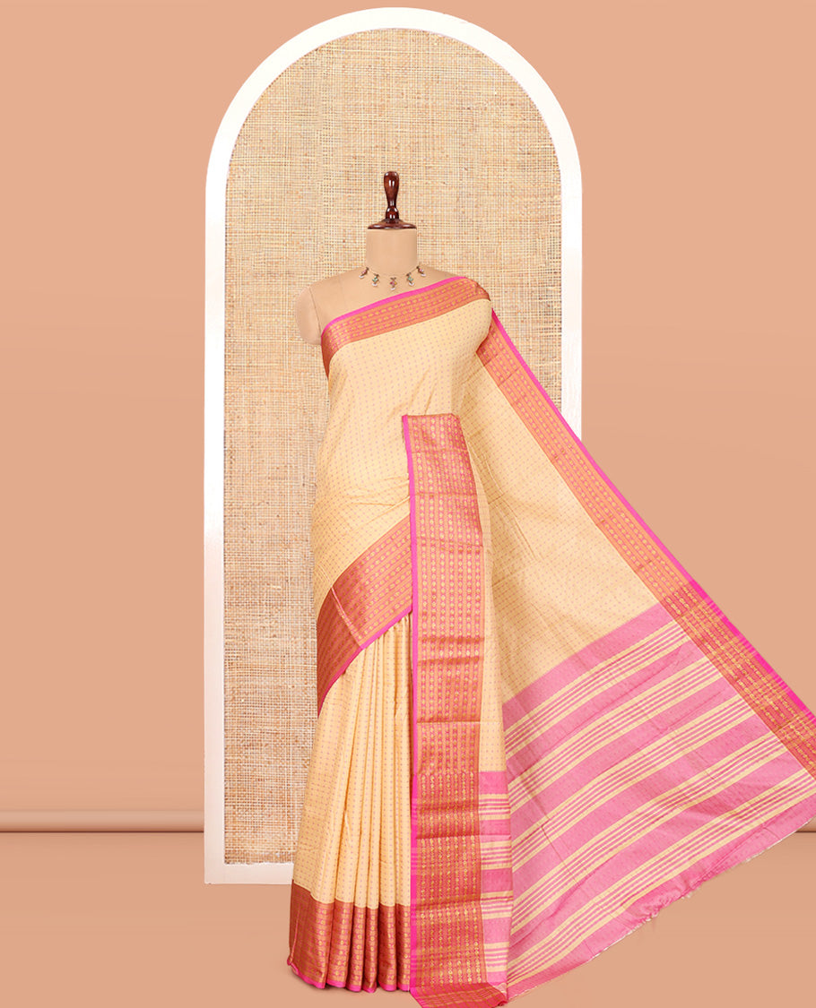 Cream Semi-Soft Silk Saree, Adorned with Plus-Shaped Buttas, Complemented by a Contrast Border, Striped Pallu, and a Contrast Blouse