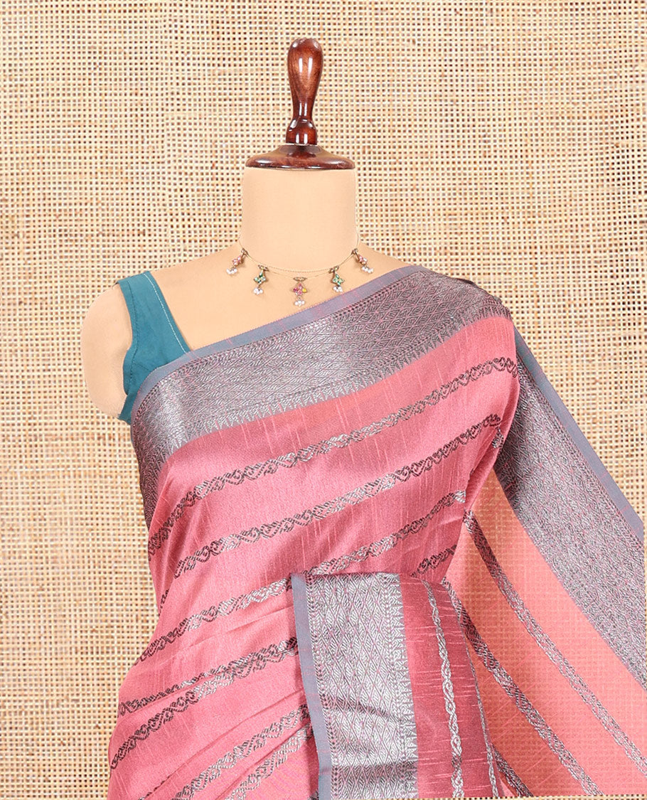 Dusky Pink Zari-Striped Semi-Raw Silk Saree with a Contrast Zari Border, Intricate Pallu, and Contrast Blouse