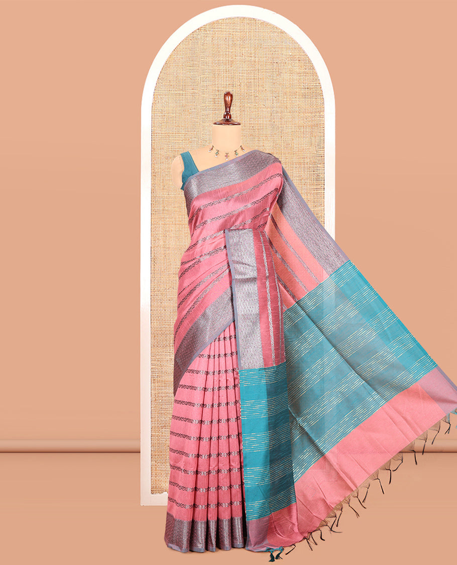 Dusky Pink Zari-Striped Semi-Raw Silk Saree with a Contrast Zari Border, Intricate Pallu, and Contrast Blouse