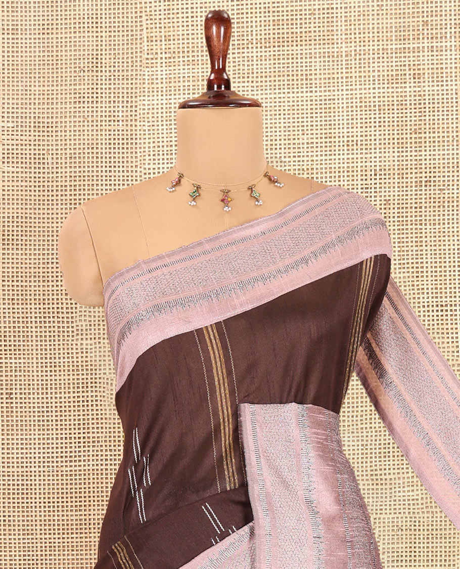 Brown Semi-Raw Silk Saree, Subtly Woven with Thread Stripes and Buttas, a Contrast Traditional Zari Border, Striped Pallu, a Contrast Blouse